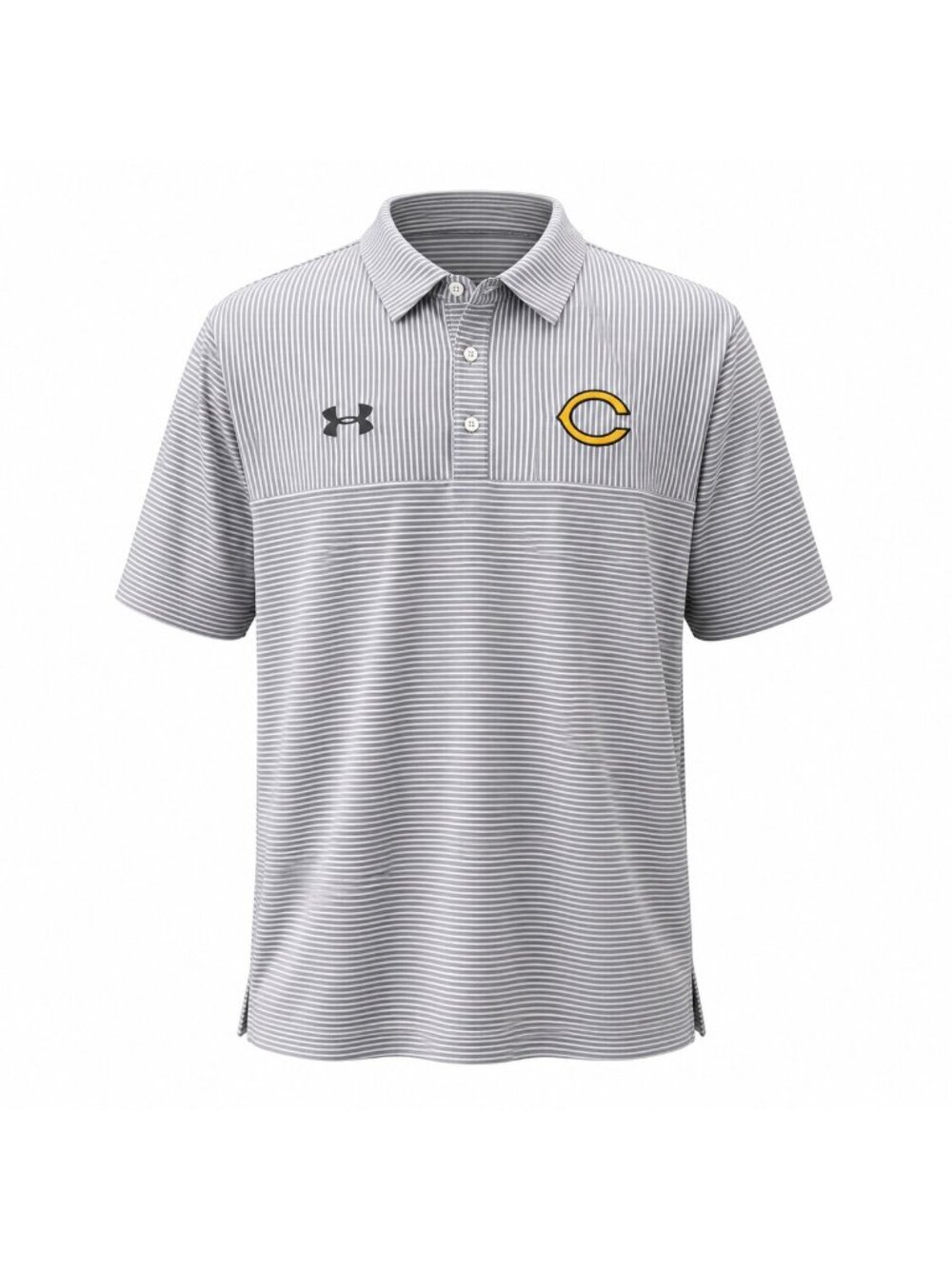 Under Armour Mens XL Striped Polo Shirt Gray HeatGear Loose Fit With Yellow "C"